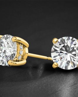 925S & VVS Moissanite Round Earrings with Pave Diamond Basket in Gold