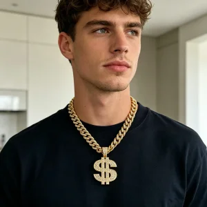diamond studded dollar sign pendant, bold and exaggerated hip hop cuban chain
